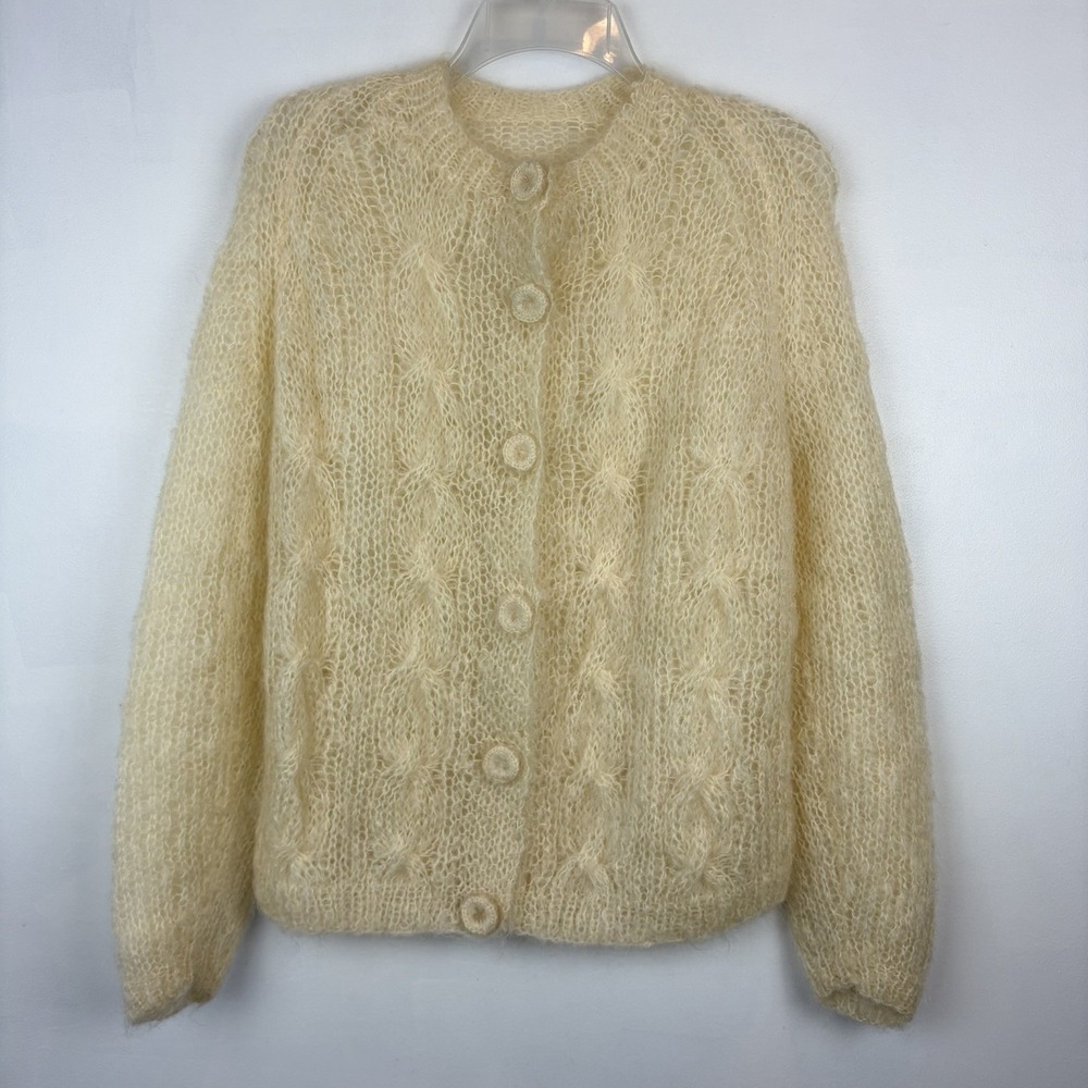Vintage Cream Mohair Cardigan Sweater Womens M Soft Fuzzy Open Knit Button